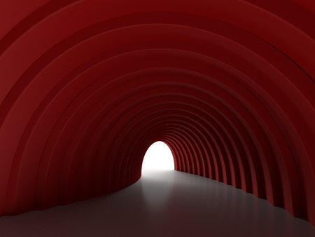 Abstract red tunnel with light at the end. 3d render illustration