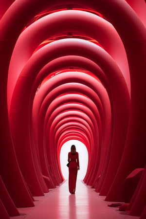 a woman in a red dress walks through a red tunnel