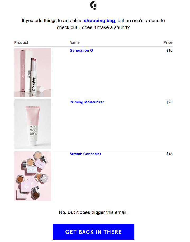 glossier cart abandonment email examples