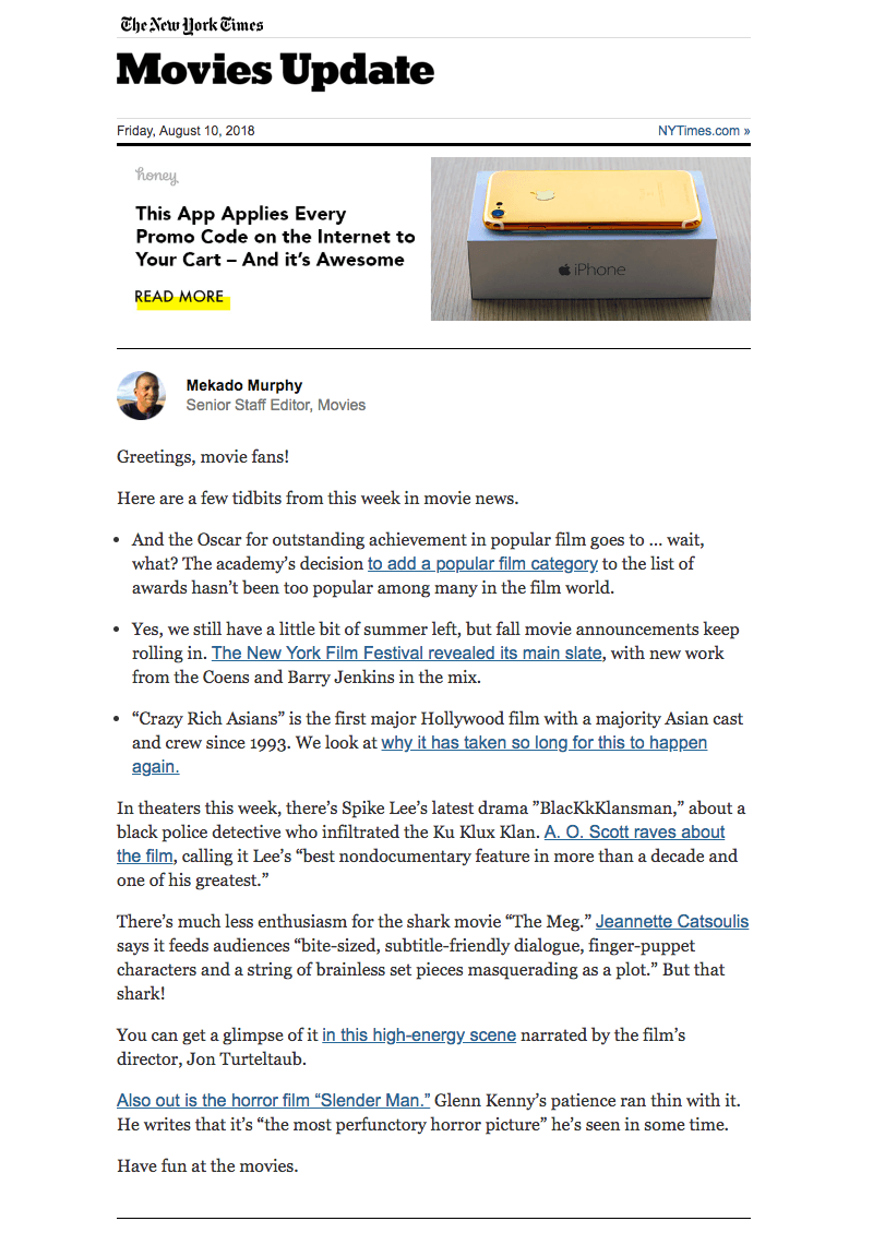 The New York Times Movie Update email newsletter design