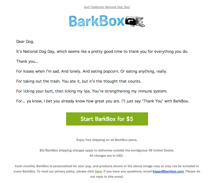 BarkBox customer appreciation emails