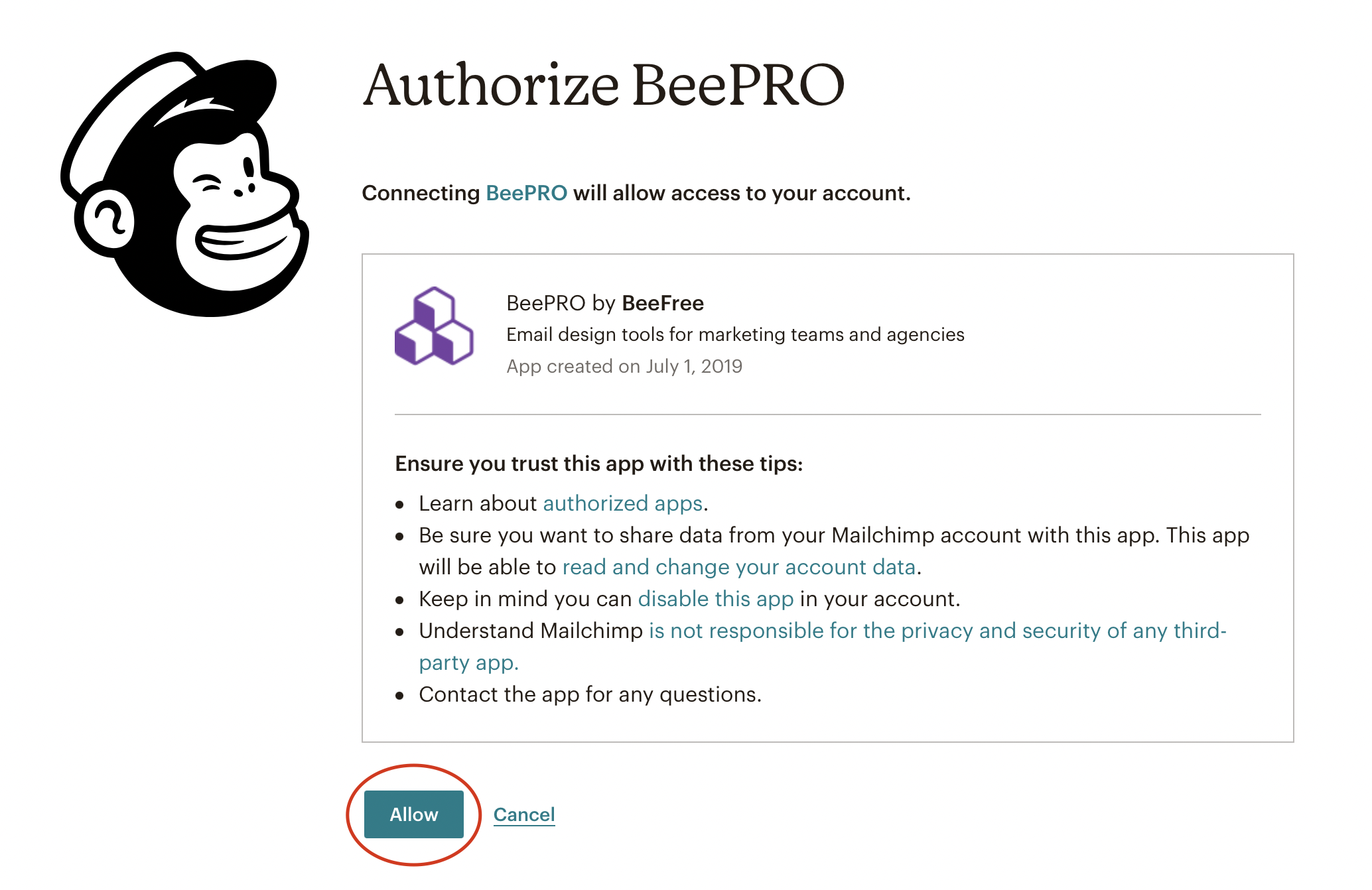 connection with BEE Pro to Mailchimp