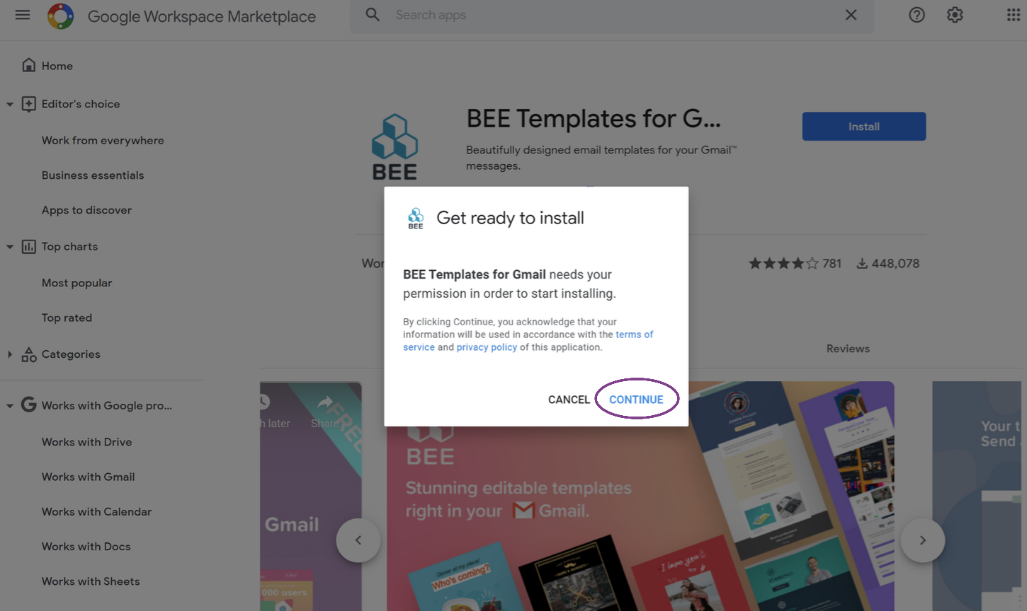 Permission pop-up to install BEE Templates for Gmail