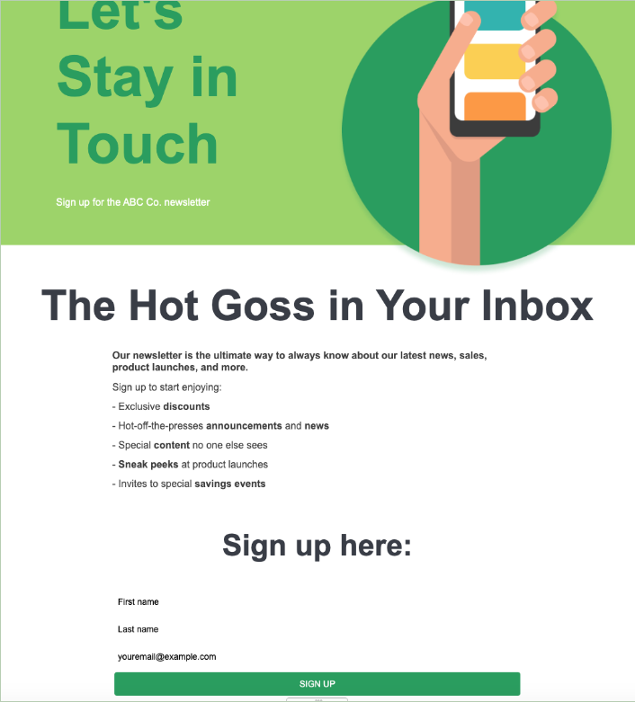 ABC Co. newsletter landing page examples