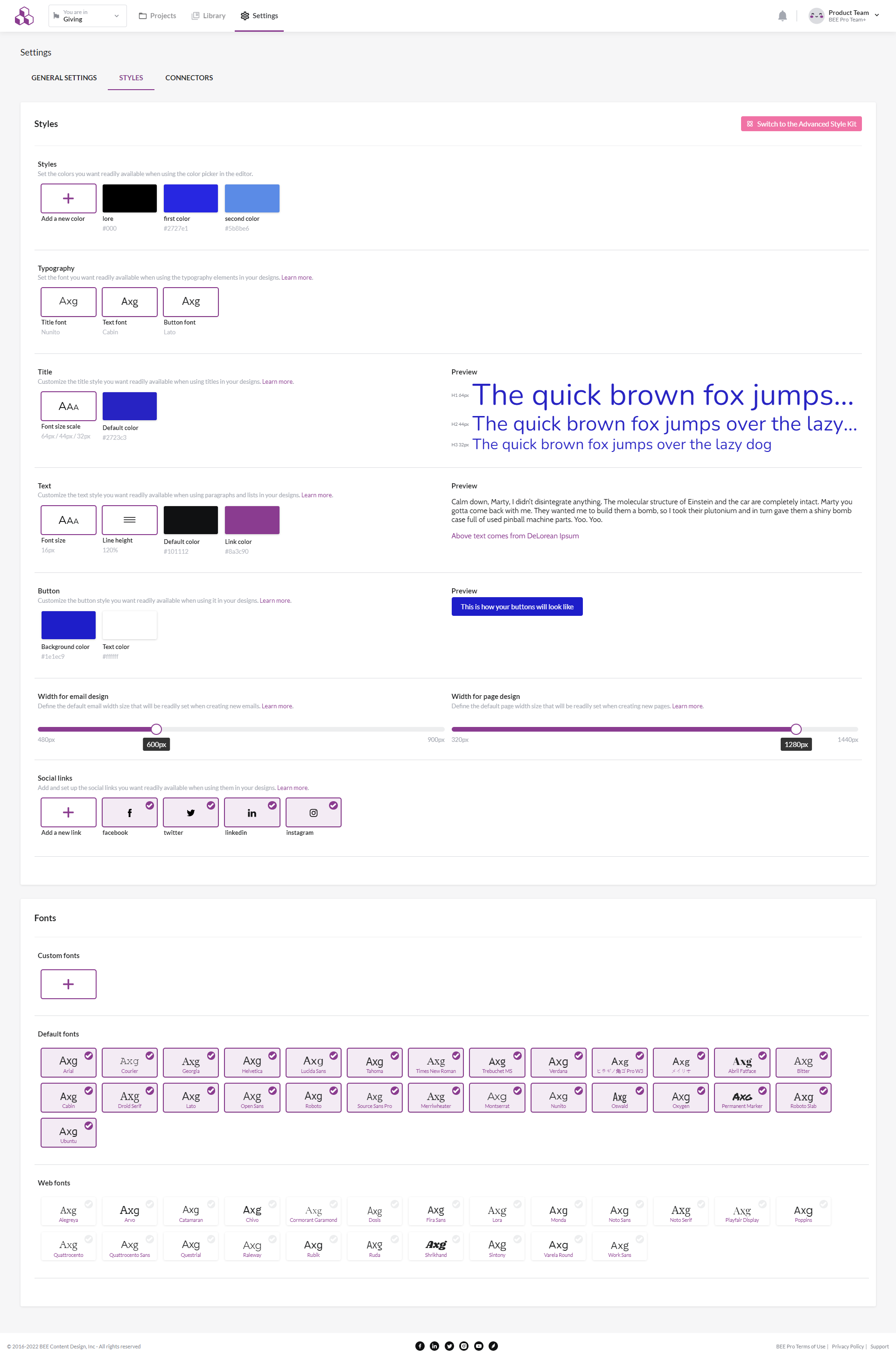 Style guidelines feature on BEE Pro Team Plan