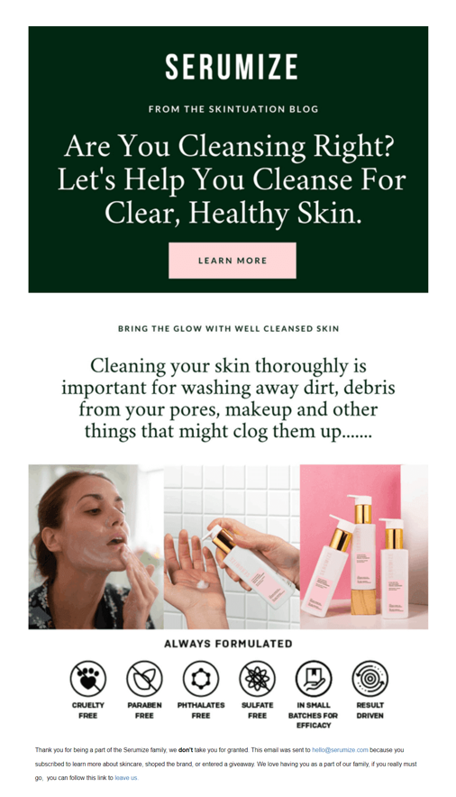 Serumize email newsletter example showcasing their latest blog on healthy skin